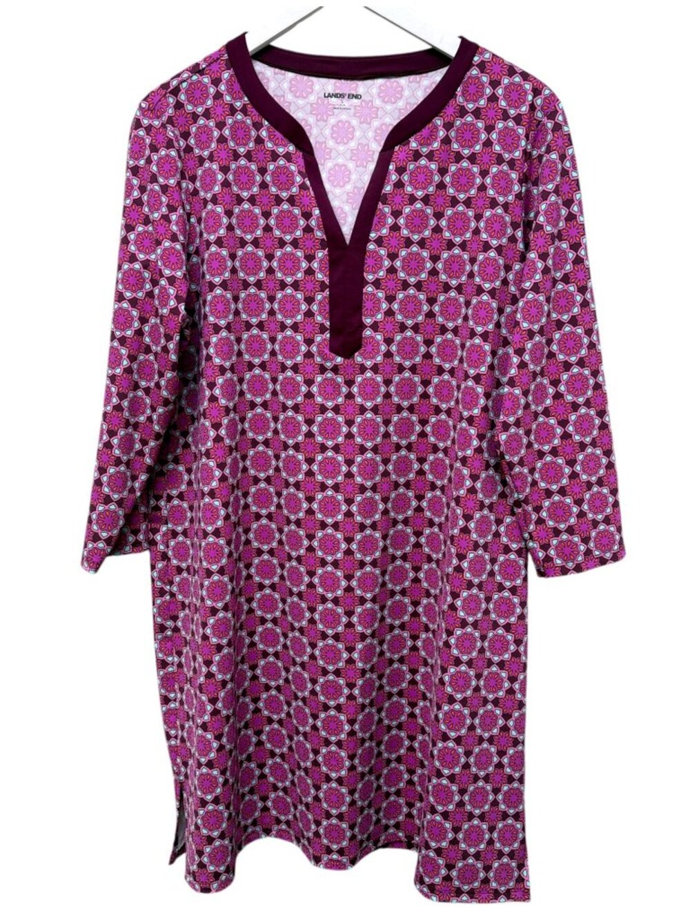 LANDS END Dress Size Large Purple Preppy Print Stretch Tunic Swim Coverup